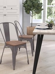 Stackable Clear Coated Metal Vertical Slat Back Dining Chair with Textured Walnut Finish Elm Wood Seat - Gray