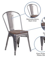 Stackable Clear Coated Metal Vertical Slat Back Dining Chair with Textured Walnut Finish Elm Wood Seat