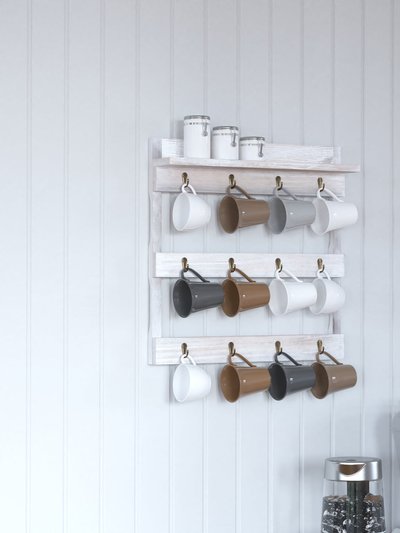 Merrick Lane Steeley Wooden Wall Mount 12 Cup Mug Rack Organizer With Upper Storage Shelf And Metal Hanging Hooks- Whitewashed product