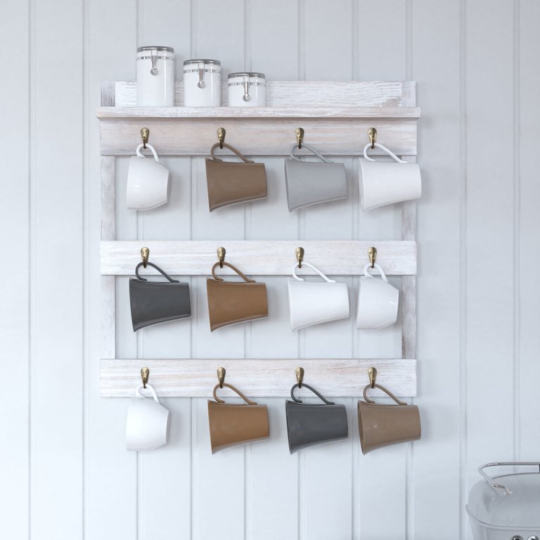 Steeley Wooden Wall Mount 12 Cup Mug Rack Organizer With Upper Storage Shelf And Metal Hanging Hooks- Whitewashed