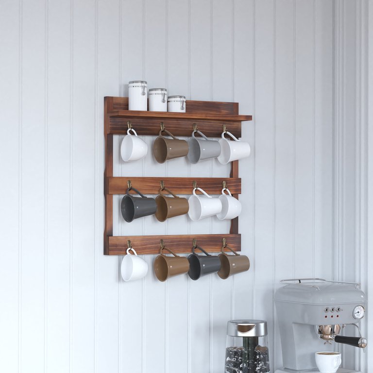 Steeley Wooden Wall Mount 12 Cup Mug Rack Organizer With Upper Storage Shelf And Metal Hanging Hooks With No Assembly Required,  Rustic Brown