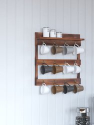 Steeley Wooden Wall Mount 12 Cup Mug Rack Organizer With Upper Storage Shelf And Metal Hanging Hooks With No Assembly Required,  Rustic Brown