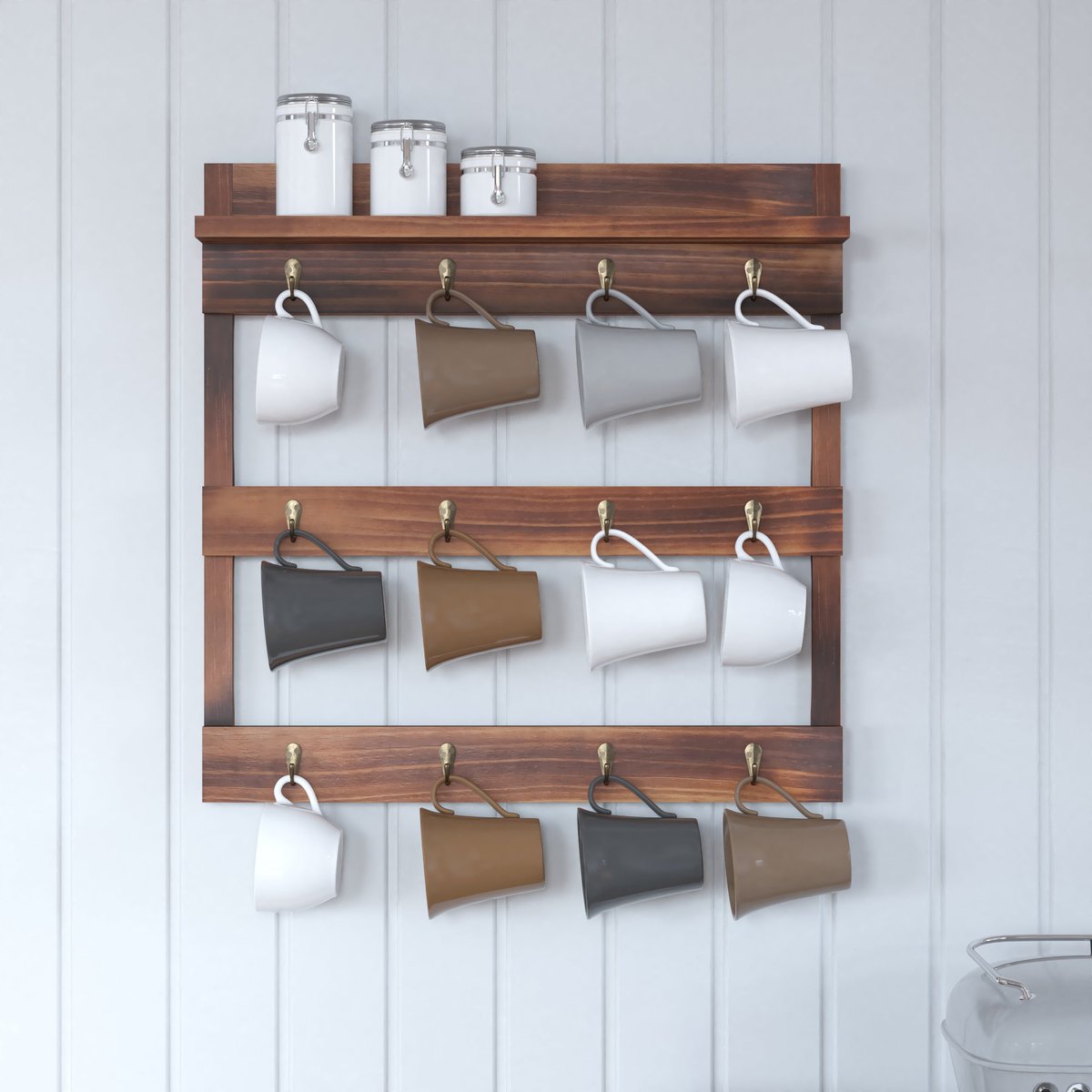 Merrick Lane Steeley Wooden Wall Mount 12 Cup Mug Rack Organizer with Upper Storage Shelf and Metal Hanging Hooks- Whitewashed