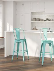 Stella 30" Metal Indoor-Outdoor Barstool with Vertical Slat Back and Integrated Footrest - Mint Green