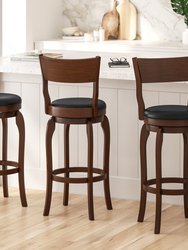 Tally 30" Antique Oak Classic Wooden Open Back Swivel Bar Height Pub Stool With Black Faux Leather Padded Seat And Integrated Footrest - Antique Oak