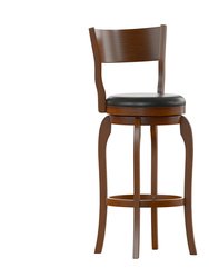Tally 30" Antique Oak Classic Wooden Open Back Swivel Bar Height Pub Stool With Black Faux Leather Padded Seat And Integrated Footrest