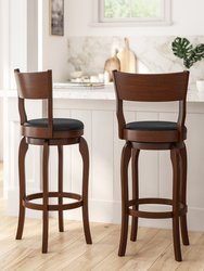 Tally 30" Antique Oak Classic Wooden Open Back Swivel Bar Height Pub Stool With Black Faux Leather Padded Seat And Integrated Footrest