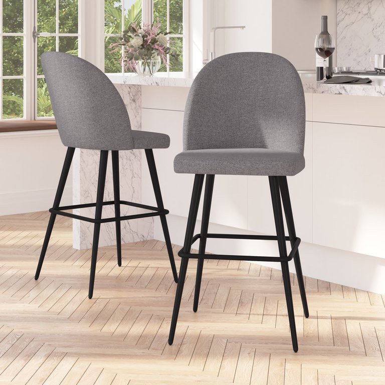 Teague Set Of 2 Modern Armless Barstools With Contoured Backs, Steel Frames And Integrated Footrests In Gray Faux Linen