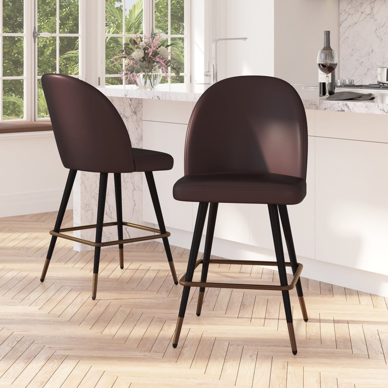 Teague Set Of 2 Modern Armless Counter Stools With Contoured Backs, Steel Frames And Integrated Footrests In Brown Faux Leather