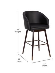 Temperance Modern Walnut Finish Wood Frame Bar Height Stool With Soft Bronze Accents, Black Faux Leather