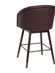 Temperance Modern Walnut Finish Wood Frame Counter Height Stool with Soft Bronze Accents, Brown Faux Leather