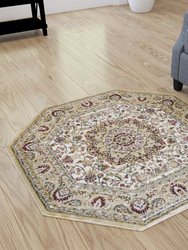 Traditional Maidon 4' X 4' Persian Style Floral Medallion Motif Octagon Olefin Area Rug with Jute Backing - Ivory