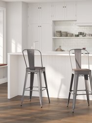 Vesemir Clear Coated 30" Bar Height Stool with Powder Coated Metal Frame and Textured Wooden Seat - Gray