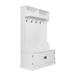 Wallen Hallway Tree With Bench Seating, 4 Double Coat Hooks, Upper Storage And Double Door Under Bench Storage - White