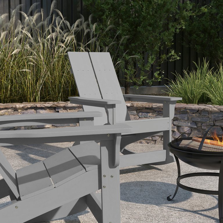 Wellington 3 Piece Outdoor Set With 2 Gray Modern Adirondack Rocking Chairs & Wood Burning Fire Pit, Poker & Spark Screen