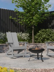 Wellington 3 Piece Outdoor Set With 2 Gray Modern Adirondack Rocking Chairs & Wood Burning Fire Pit, Poker & Spark Screen - Grey