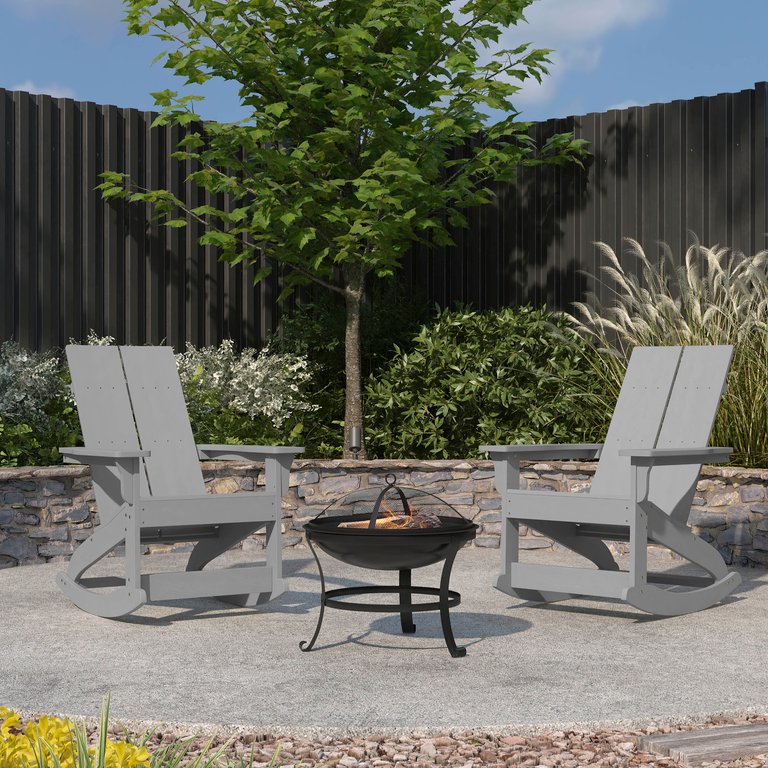 Wellington 3 Piece Outdoor Set With 2 Gray Modern Adirondack Rocking Chairs & Wood Burning Fire Pit, Poker & Spark Screen - Grey