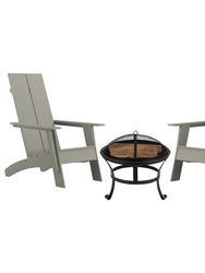 Wellington 3 Piece Outdoor Set With 2 Gray Modern Adirondack Rocking Chairs & Wood Burning Fire Pit, Poker & Spark Screen