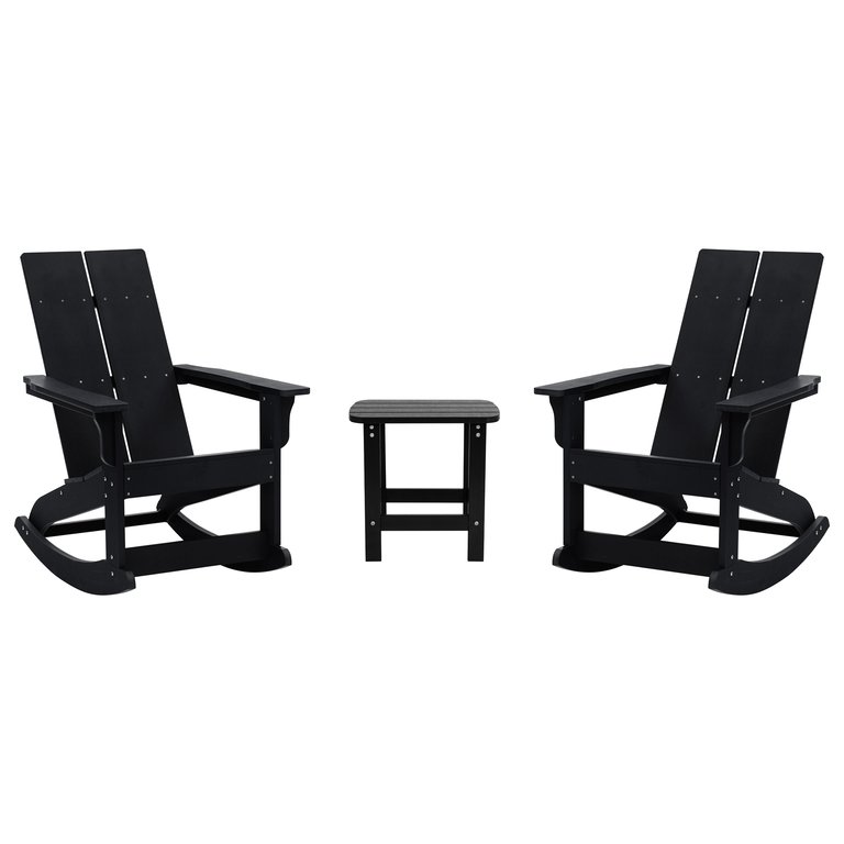 Wellington 3 Piece Patio Furniture Set Includes All-Weather UV Treated Adirondack Rocking Chairs And Side Table - Black