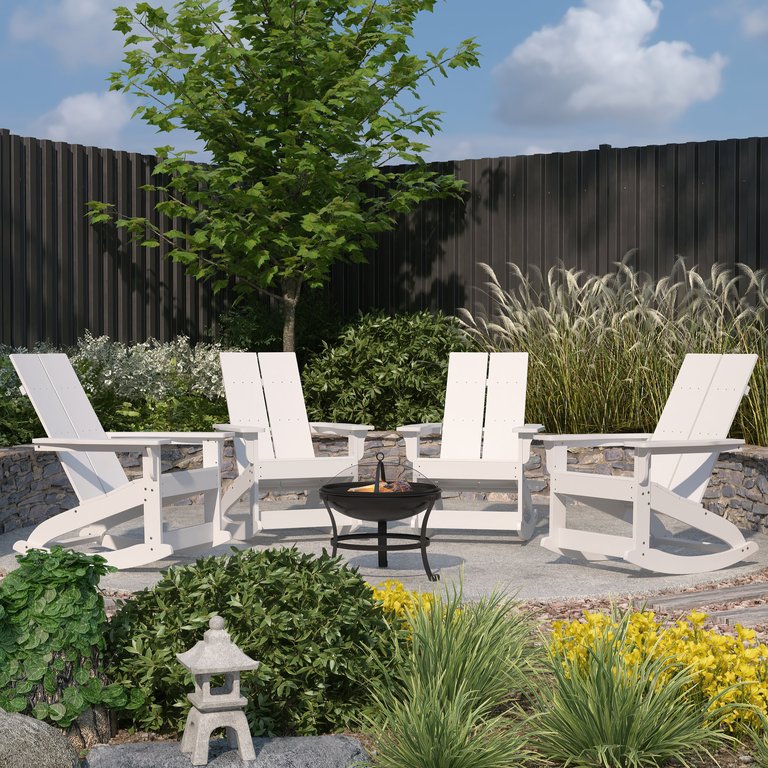 Wellington 5 Piece Outdoor Set with 4 White Modern Adirondack Rocking Chairs & Wood Burning Fire Pit, Poker & Spark Screen - White