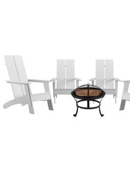 Wellington 5 Piece Outdoor Set with 4 White Modern Adirondack Rocking Chairs & Wood Burning Fire Pit, Poker & Spark Screen