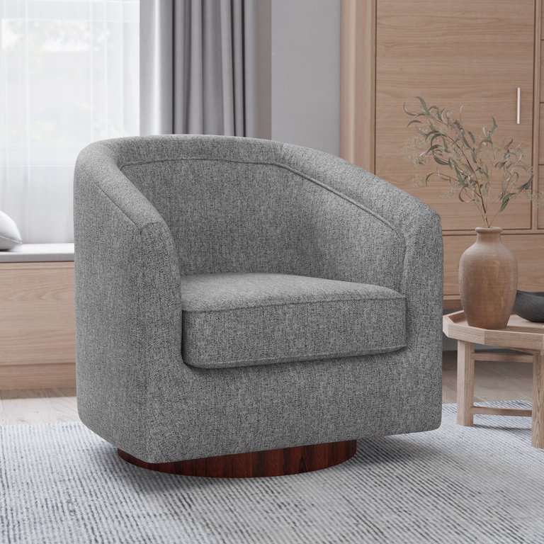 Wyn Fabric Upholstered Club Style Barrel Chair With Sloped Armrests and 360 Degree Swivel Base In A Woodgrain Vinyl Wrap - Gray