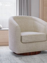 Wyn Fabric Upholstered Club Style Barrel Chair With Sloped Armrests and 360 Degree Swivel Base In A Woodgrain Vinyl Wrap - Cream
