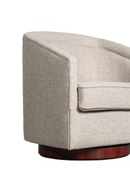 Wyn Fabric Upholstered Club Style Barrel Chair With Sloped Armrests and 360 Degree Swivel Base In A Woodgrain Vinyl Wrap
