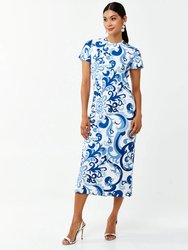 Caroline Midi Dress - Blue/Ivory Retro Kaleidescope