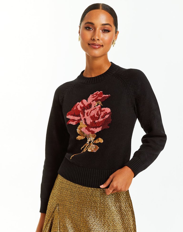 Delilah Rose Sweater - Black/Rose Embroidery