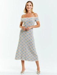 Elizabetta Knit Midi Dress in Ivory/Blue Pavona