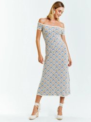 Elizabetta Knit Midi Dress in Ivory/Blue Pavona - Ivory/Blue Pavona