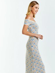 Elizabetta Knit Midi Dress in Ivory/Blue Pavona