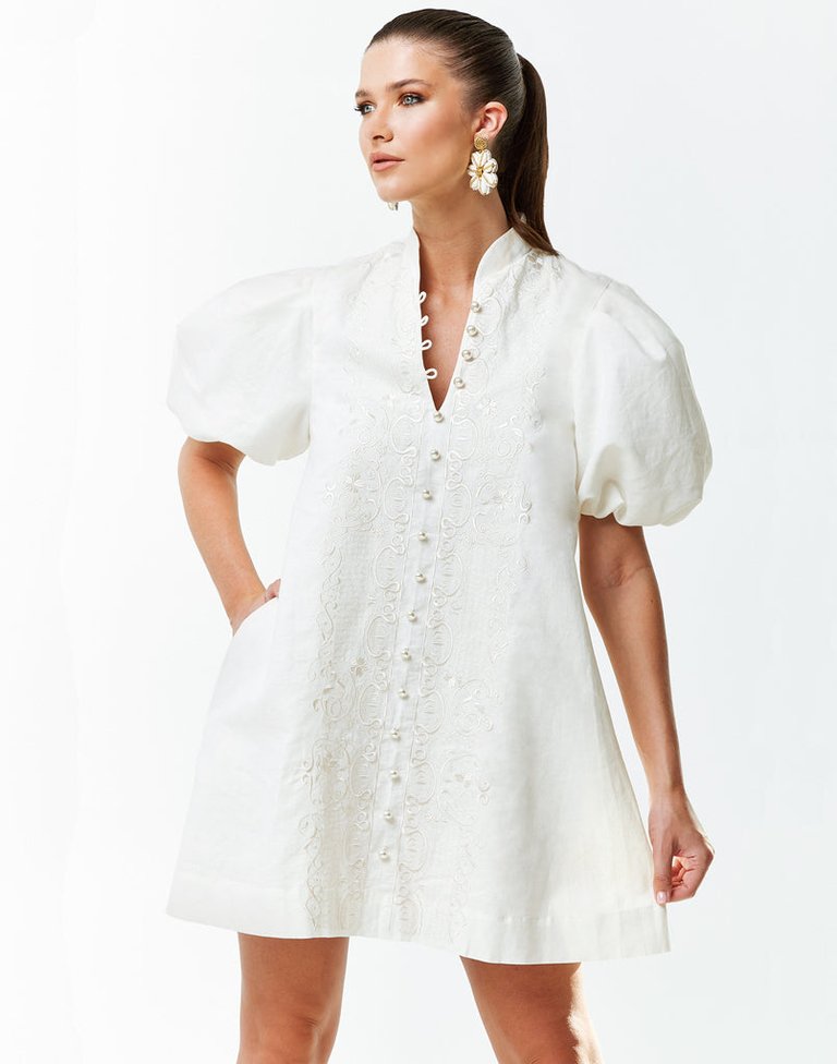 Elliana Barong Mini Dress - Ivory Embroidered Linen