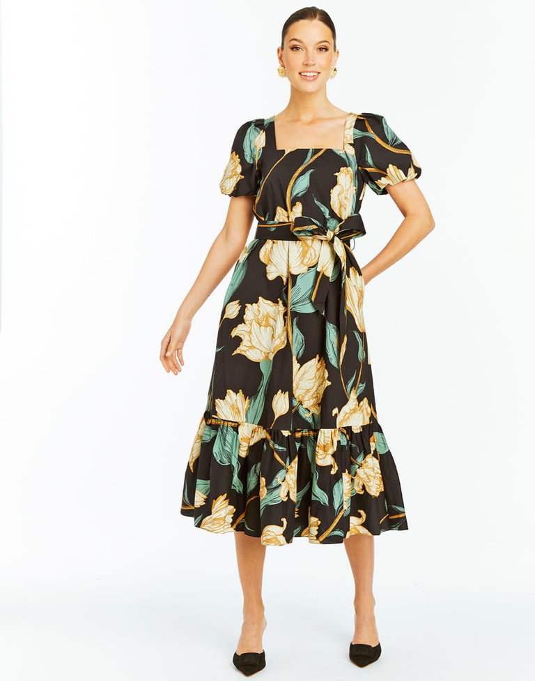 Jasmine Midi Dress - Black/Ivory Flourishing Tulip