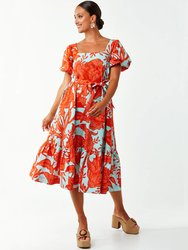 Jasmine Midi Dress - Blue/Red Floral Deco