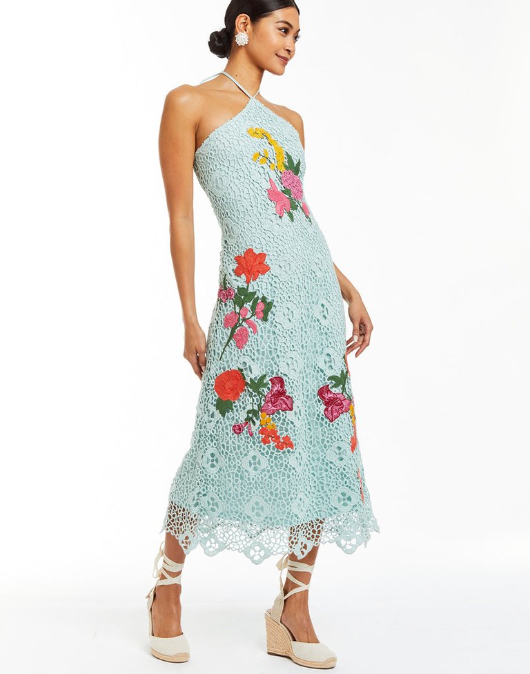 Maria Crochet Midi Dress - Light Blue / Multi Floral Embroidery