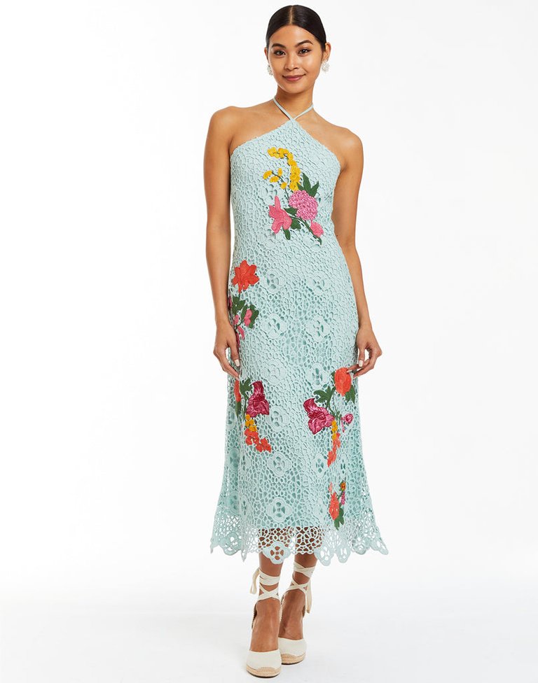 Maria Crochet Midi Dress - Light Blue / Multi Floral Embroidery - Light Blue / Multi Floral Embroidery