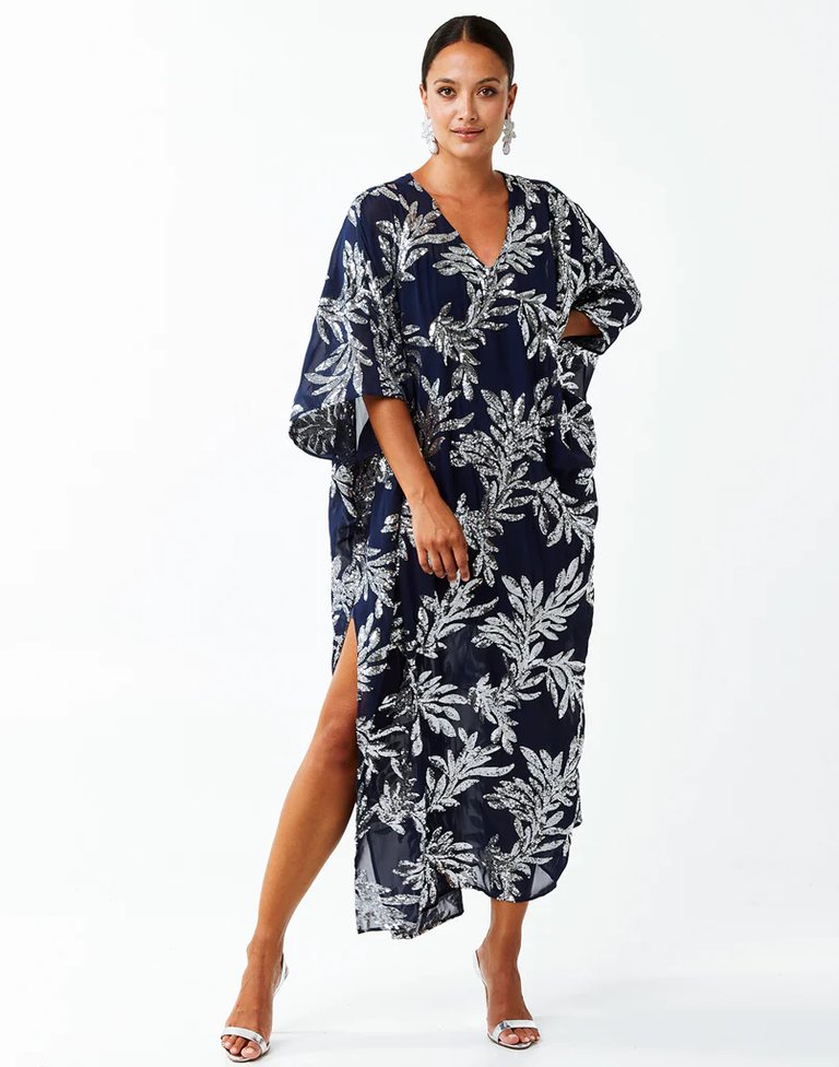 Savannah Caftan - Navy Chiffon/Silver Sequin