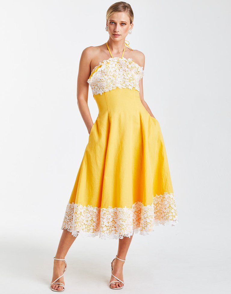 Seraphina Midi Dress - Canary Yellow/Ivory Lace