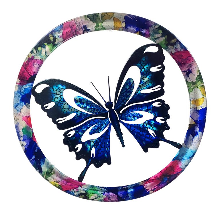 Butterfly Blue Black Round Framed Wall Art - Blue/Black