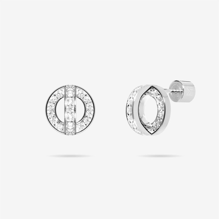 Circle And Arc Pave CZ Stud Earrings - Silver