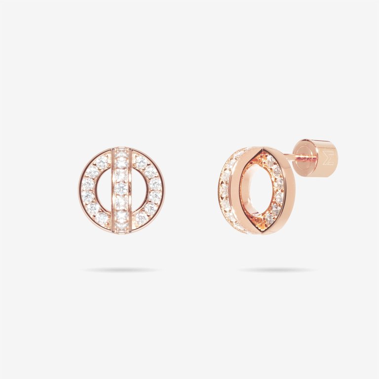 Circle And Arc Pave CZ Stud Earrings - Rose Gold