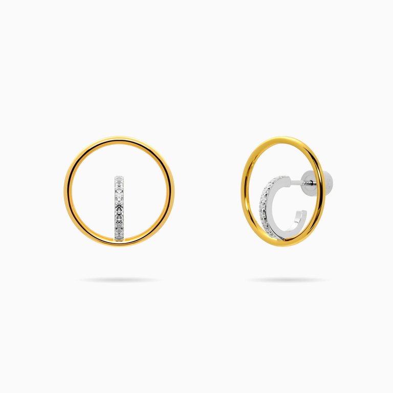 Gold And Silver Bi-Color Hoop And Huggie CZ Earrings - Gold And Silver Bi-Color