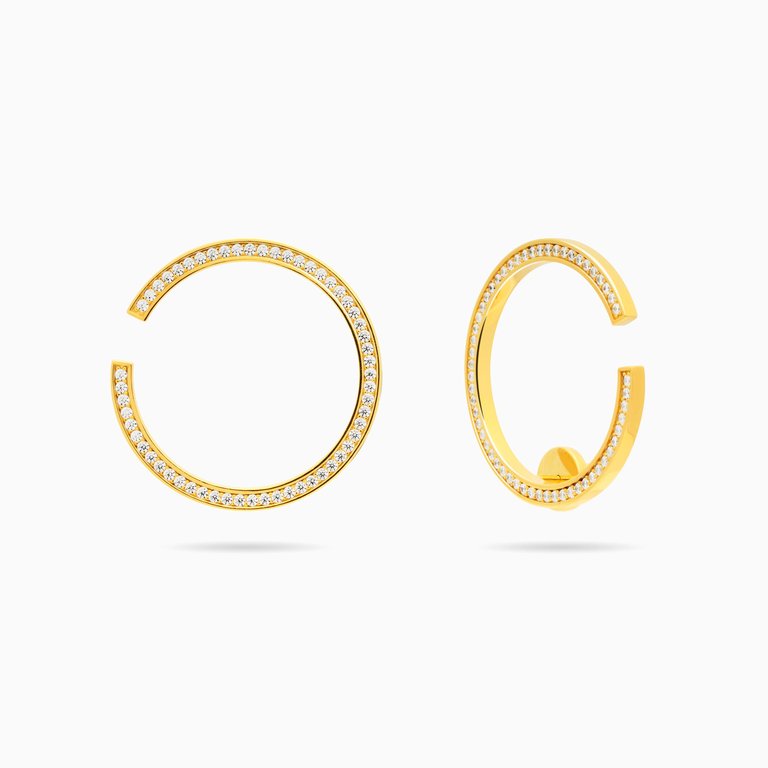 Large Hoop And Cuff Earrings With Pave CZ - Gold