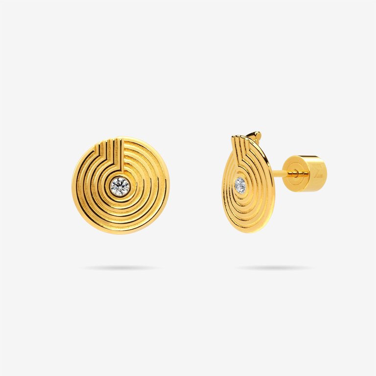Open Twist Disc Stud Earrings With Engraved Circles And CZ - Gold
