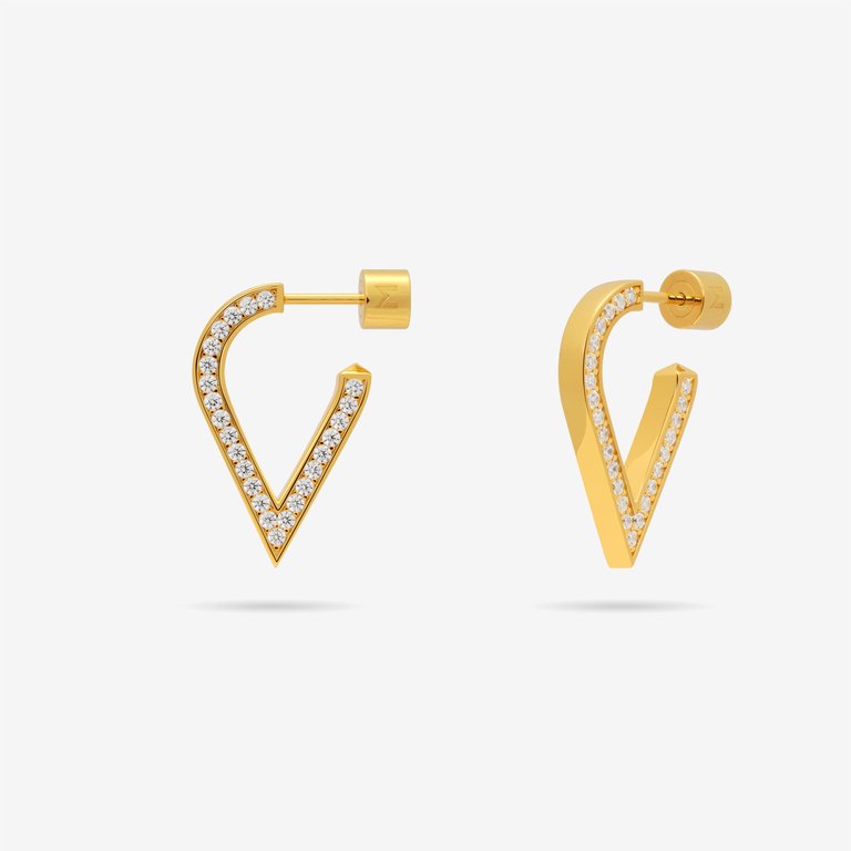 Stylized Waterdrop Drop Earrings With Pave CZ - Gold