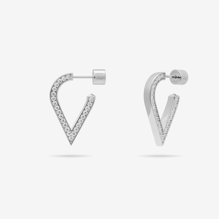 Stylized Waterdrop Drop Earrings With Pave CZ - Silver
