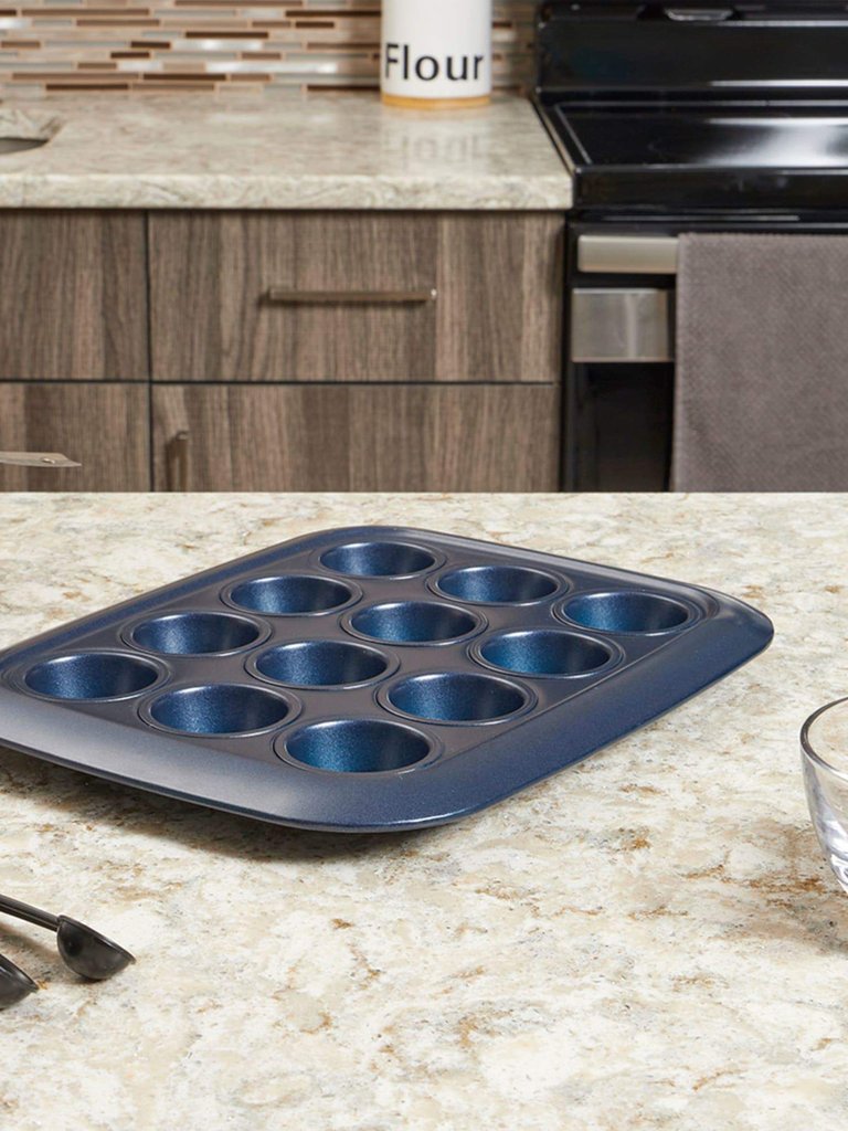 Michael Graves Design Non-Stick 12 Mini Cup Carbon Steel Muffin Pan, Indigo