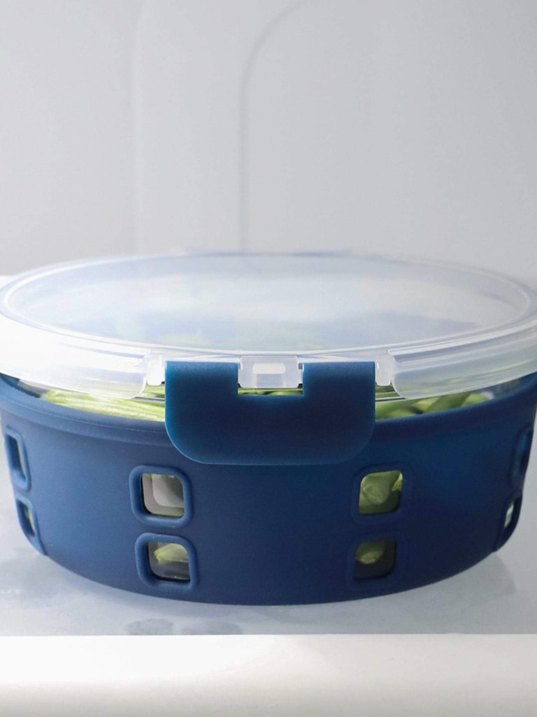 Michael Graves Design Round 32 Ounce High Borosilicate Glass Food Storage Container with Plastic Lid, Indigo